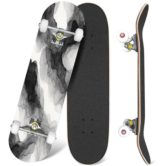 31'' Complete Skateboard 7 Layer Canadian Maple Double Kick Deck Skateboards Smoky Alcohol Ink Ink Floral Black Gray Marble Style Texture Liquid Skate Board for Beginner Adult Gifts