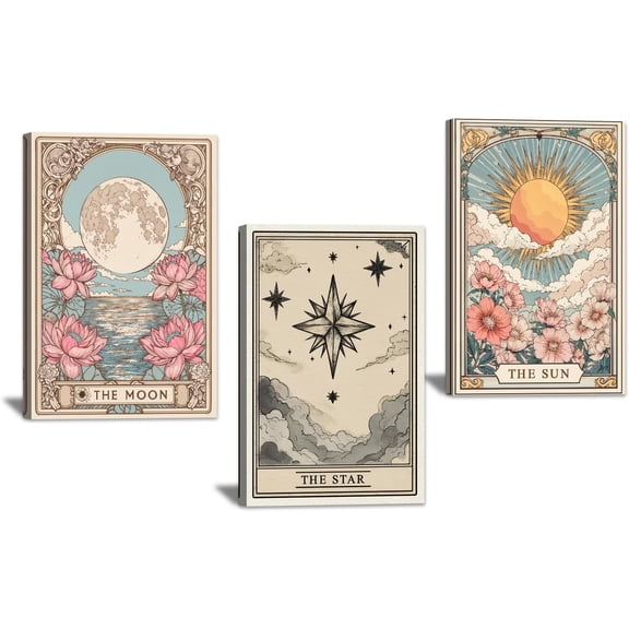 Singg 3 Pieces Sun Moon and Stars Wall Art Celestial Pictures Vintage Tarot Canvas Prints Mystic Themed Pictures for Home Office Decor