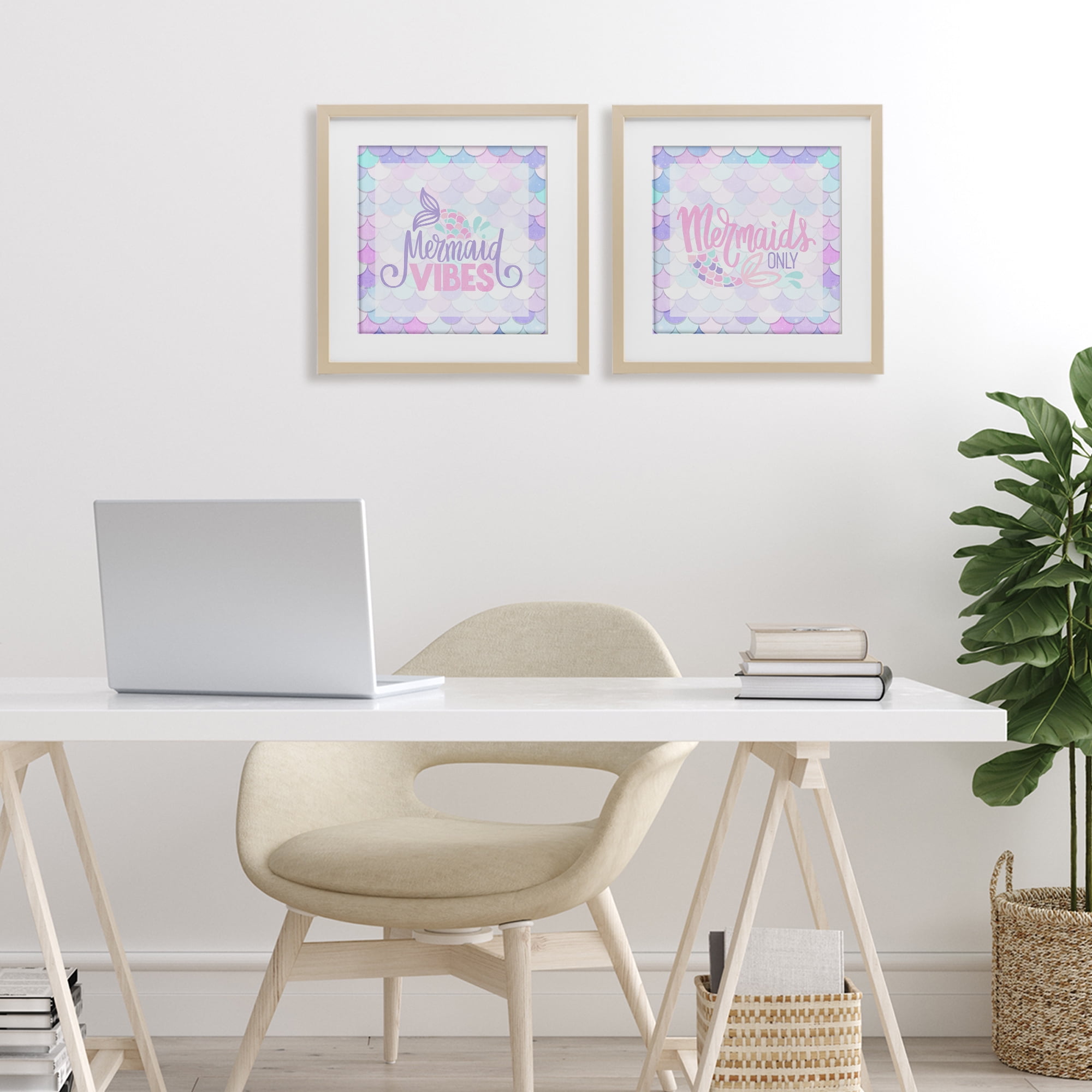 Dreamy Mermaid Phrases with Scales 2 Piece Birch Framed Print Under Glass Set, design by Kim Allen