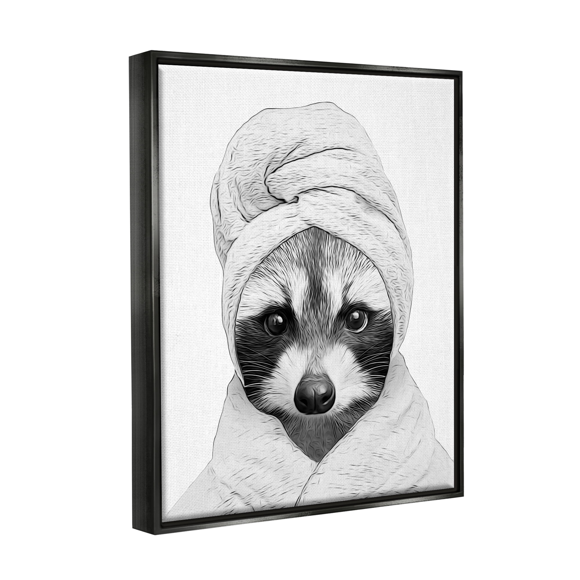Stupell Industries Funny Raccoon Bathrobe Towel Animals & Insects Painting Black Floater Framed Art Print Wall Art