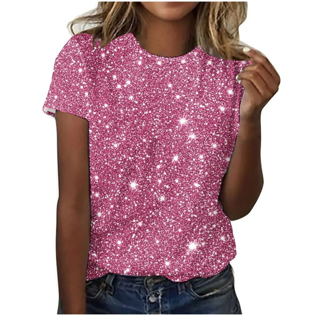Plebaso T-Shirts Mode pour Femmes Imprimé Scintillant Manches Courtes T-Shirts Graphiques Hauts Décontractés Col Rond T-Shirts