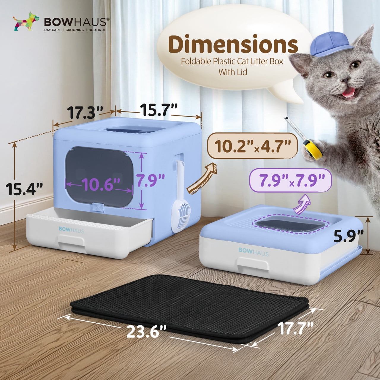 CAPHAUS Foldable Cat Litter Box with Lid for Kitten, Two-Way Entry & Exit Small Cat Box with Scoop, Cat Mat and Odor Fitter, Drawer Type Litter Pan for Easy to Clean, Blue
