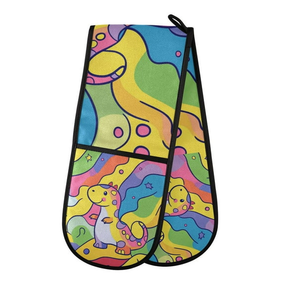 Yayeee Double Oven Mitt Kitchen Heat Resistant Baking 35" x7" Quilted Glove, Vibrant Dinosaur