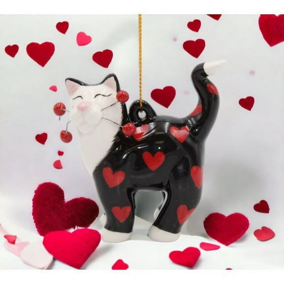 Ceramic Black Cat Ornament with Red Hearts 2.5in Valentines Day