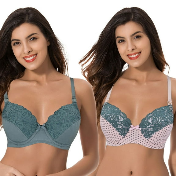 Curve Muse Plus Size Nursing Underwire Bra with drop-down cups (Pack of 2)-Pink Print Sage,Sage-34C