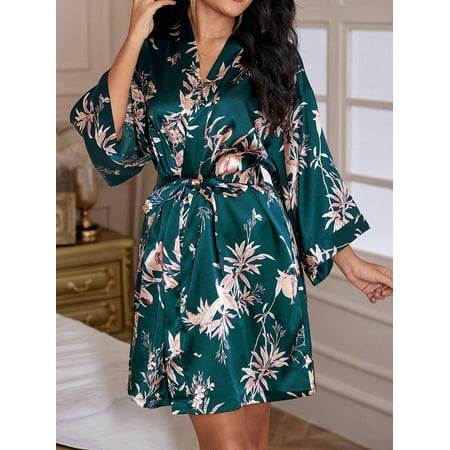 LuxeNights Floral Print Drop Shoulder Belted Satin Sleep Robe Without Lingerie