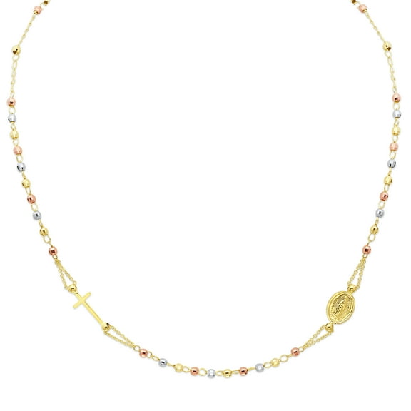 Wellingsale 14k 3 Tri Color White Yellow and Rose Gold Polished Guadalupe Fashion Rosario / Rosary Necklace - 18 0.5"