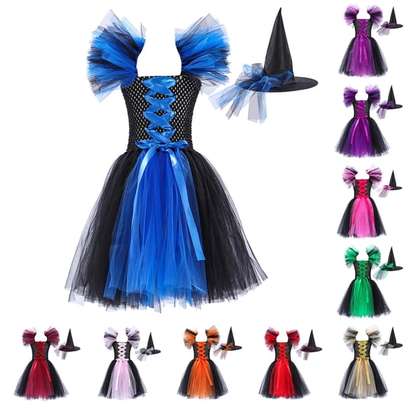 LIIPEE Halloween Dress Up Party Dresses For Girls Sleeveless Mesh Performance Gown With Hat Kids Cute Comfortable Dress,10-12 Years