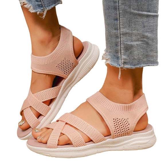 Beach Sandals for Women Breathable Mesh Stretch Strappy Thick Soft Sole Slip on Athletic Walking Shoes Open Toe Lightweight Flat Shoes Pink Size 10.5