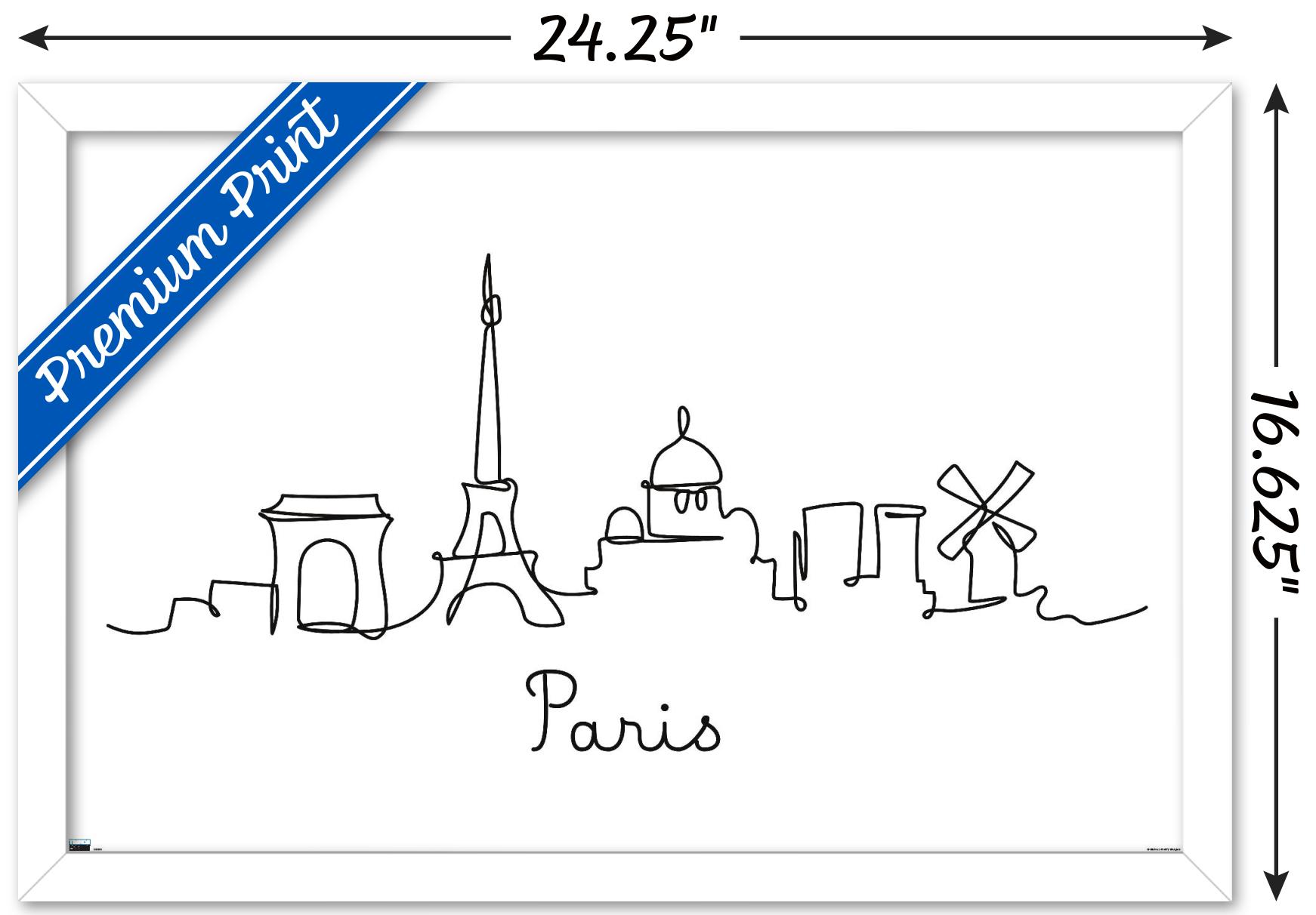 Line Art Skyline - Paris Wall Poster, 14.725" x 22.375", Framed