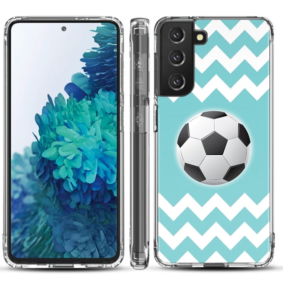 Shockproof Hybrid Bumper Phone Case for Samsung galaxy S21  5G / S21 Plus 5G, by OneToughShield ® - Chevron/Teal/Soccer