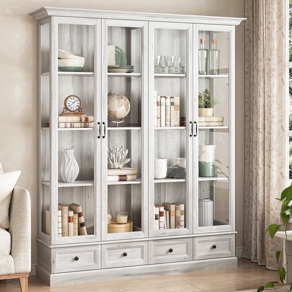 78" Tall Gray Farmhouse Display Cabinet with Glass Doors & Adjustable Shelves - Living Room Dining Room