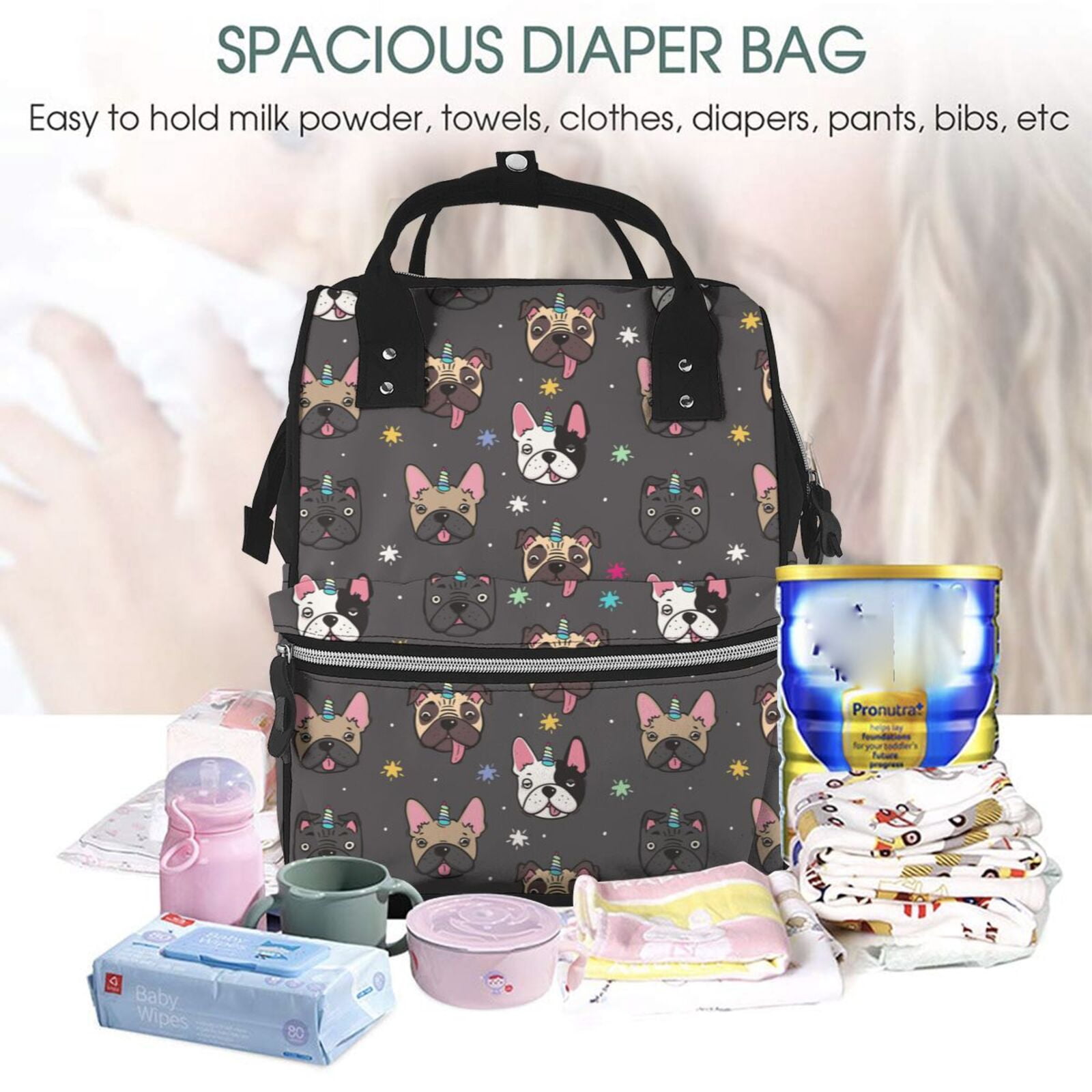 Ratiio French Bulldogs Mummy Backpack - Waterproof Twill Canvas, Large Capacity Diaper Bag with Multiple Pockets and Adjustable Straps