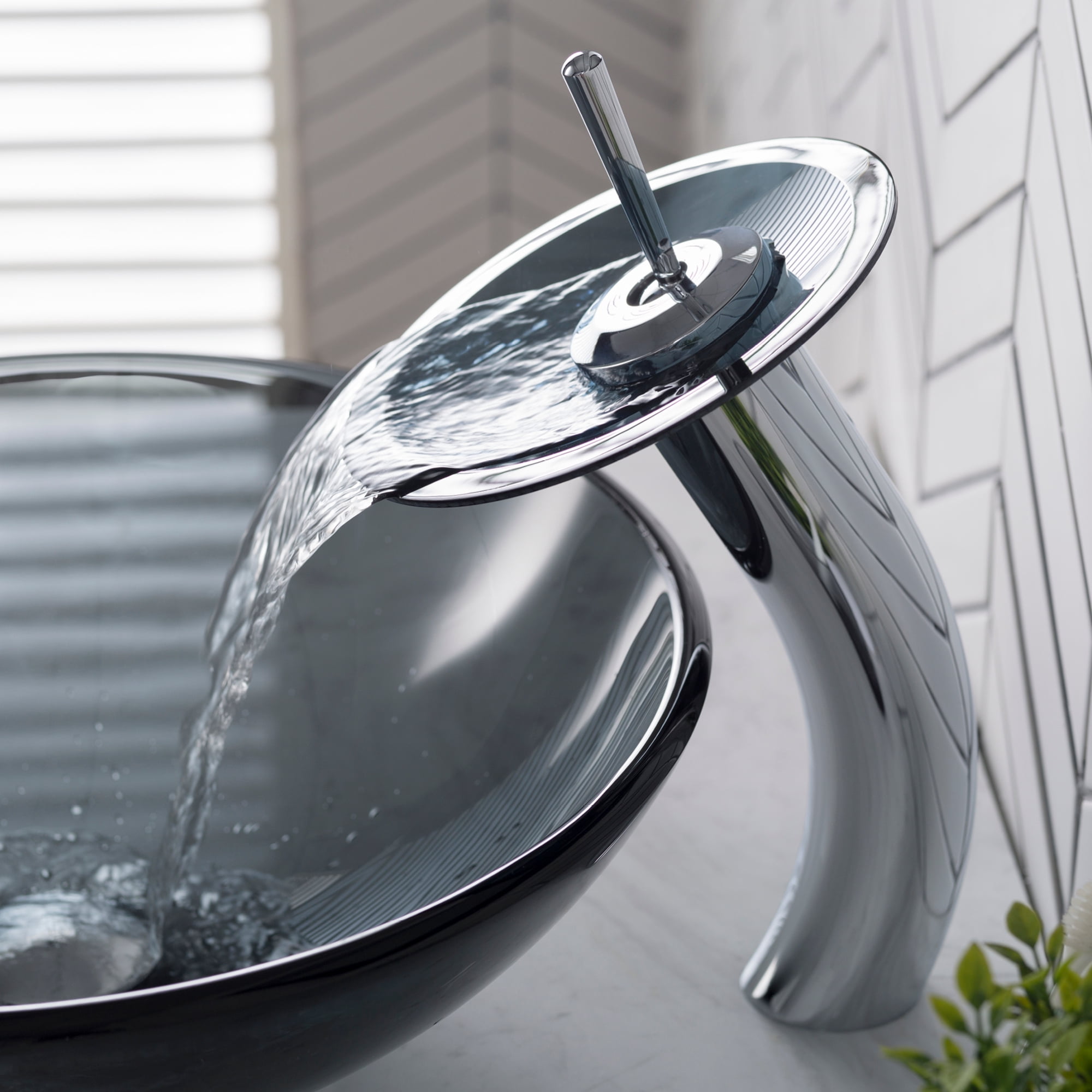 KRAUS Tall Waterfall Bathroom Faucet for Vessel Sink with Clear Black Glass Disk and Pop-Up Drain, Chrome Finish