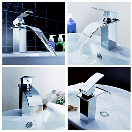 Deck Mount Basin Set - Chrome Plated Brass Waterfall Basin Faucet Vanity Sink Hot/Cold Mixer Tap Deck Mounted With 2 Hoses Simple Style Silver