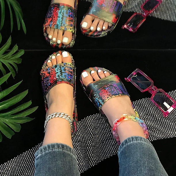 Sandalias planas con grafiti para mujer, zapatos informales con estilo informales de verano para playa personal Wmkox8yii hj789