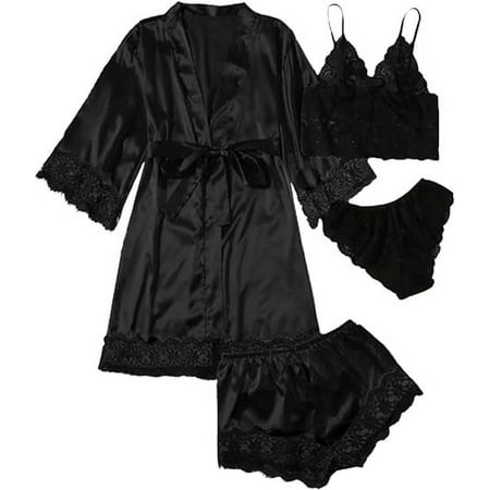 SkyAuks 4Pcs Women s Floral Lace Trim Cami Lingerie  Satin Pajama Set  Sleepwear with Robe  Black  L
