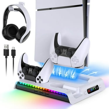 IPEGA Charging Stand with Cooling Fan for PS5 Slim Console, Dual Controller Charger Station with 9 RGB Lights & Headset Hook & 3-Level Silent Fan, Cooler Accessory for Playstation 5 Slim Digital/Disc