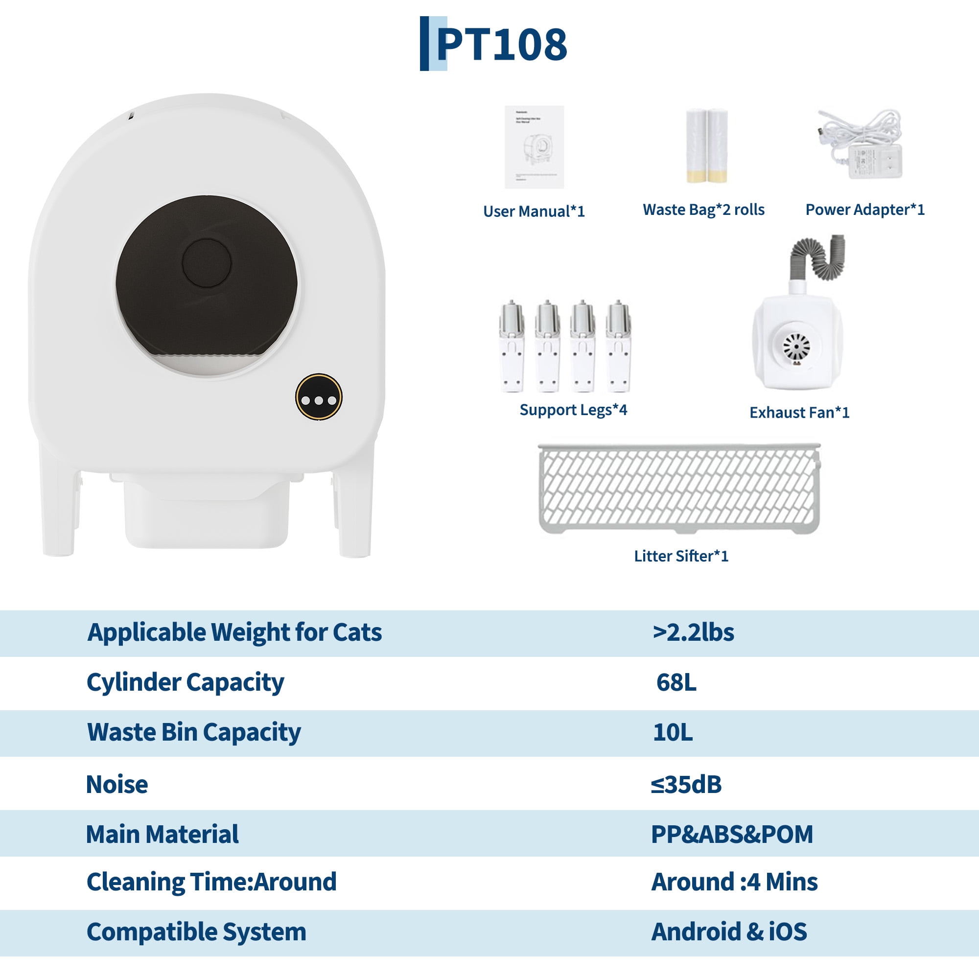 Automatic Self-Cleaning Cat Litter Box – 68L Large Capacity Robot – Multi-Cat Odor Control, Dual Safety Sensors – App & WiFi – PT108W