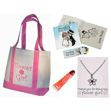Best Flower Girl Gifts Set: Tote Bag, Metal Necklace, Lip Gloss, Wedding Day Kids Activity (Best Lipo Battery Bag)