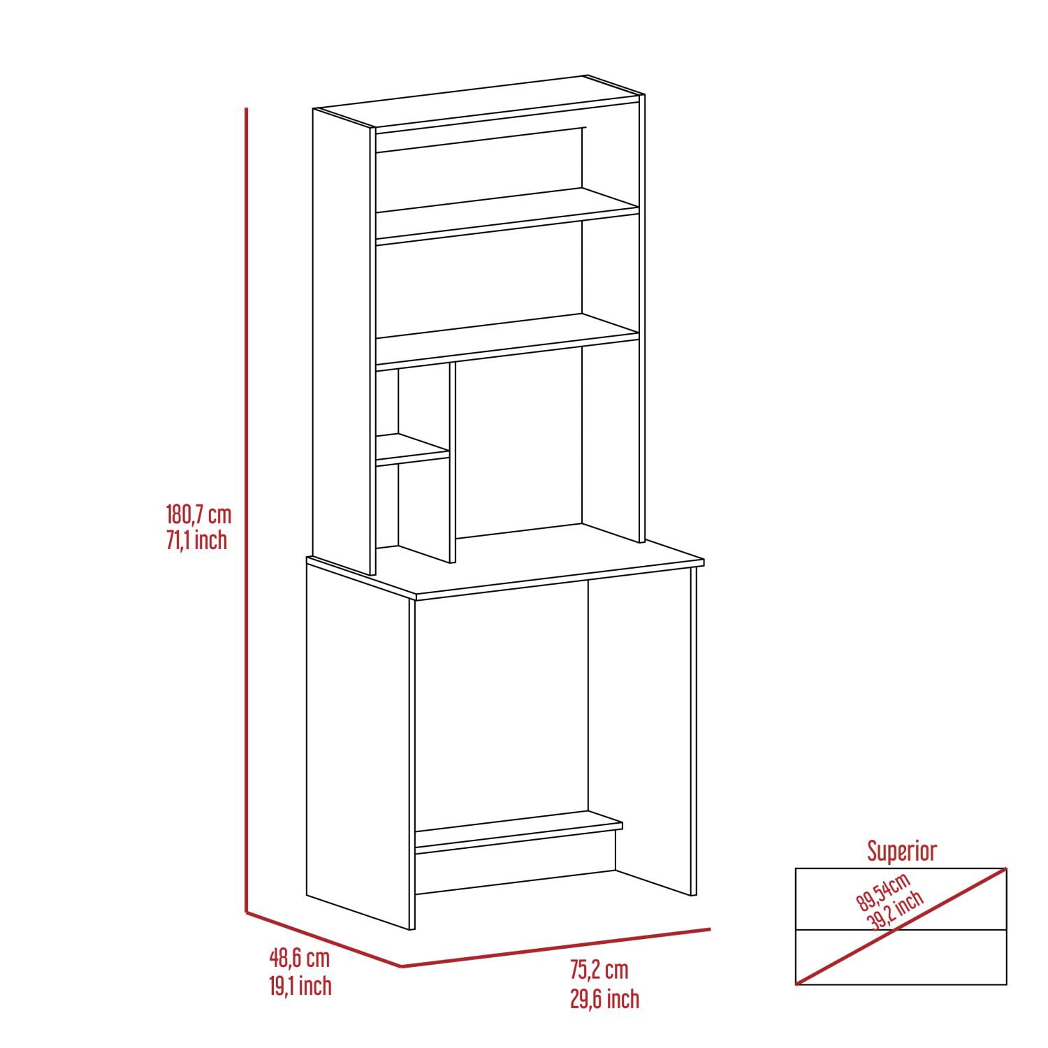 Asteroutdoor Wenge 4-Shelf Computer Desk with Hutch, Particle Board, 19.1 in L x 29.6 in W x 71.1 in H, Home Office Desk