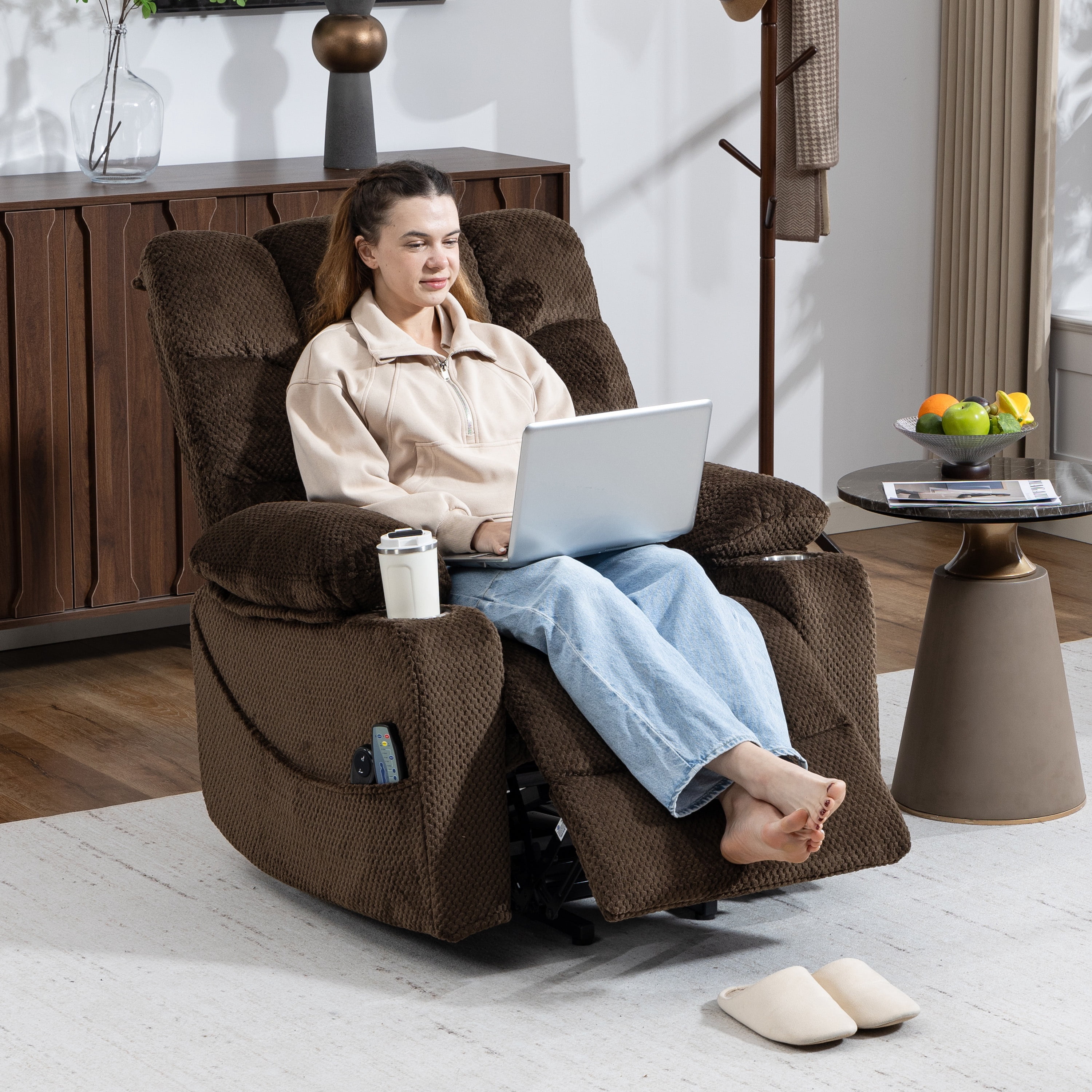 Power Lift Recliner Chair, Paproos Power Lift Recliner with Massage and Heat for Elderly, Reclining Sofa with Cup Holders & Side Pockets for Living Room, Velvet Fabric, Brown