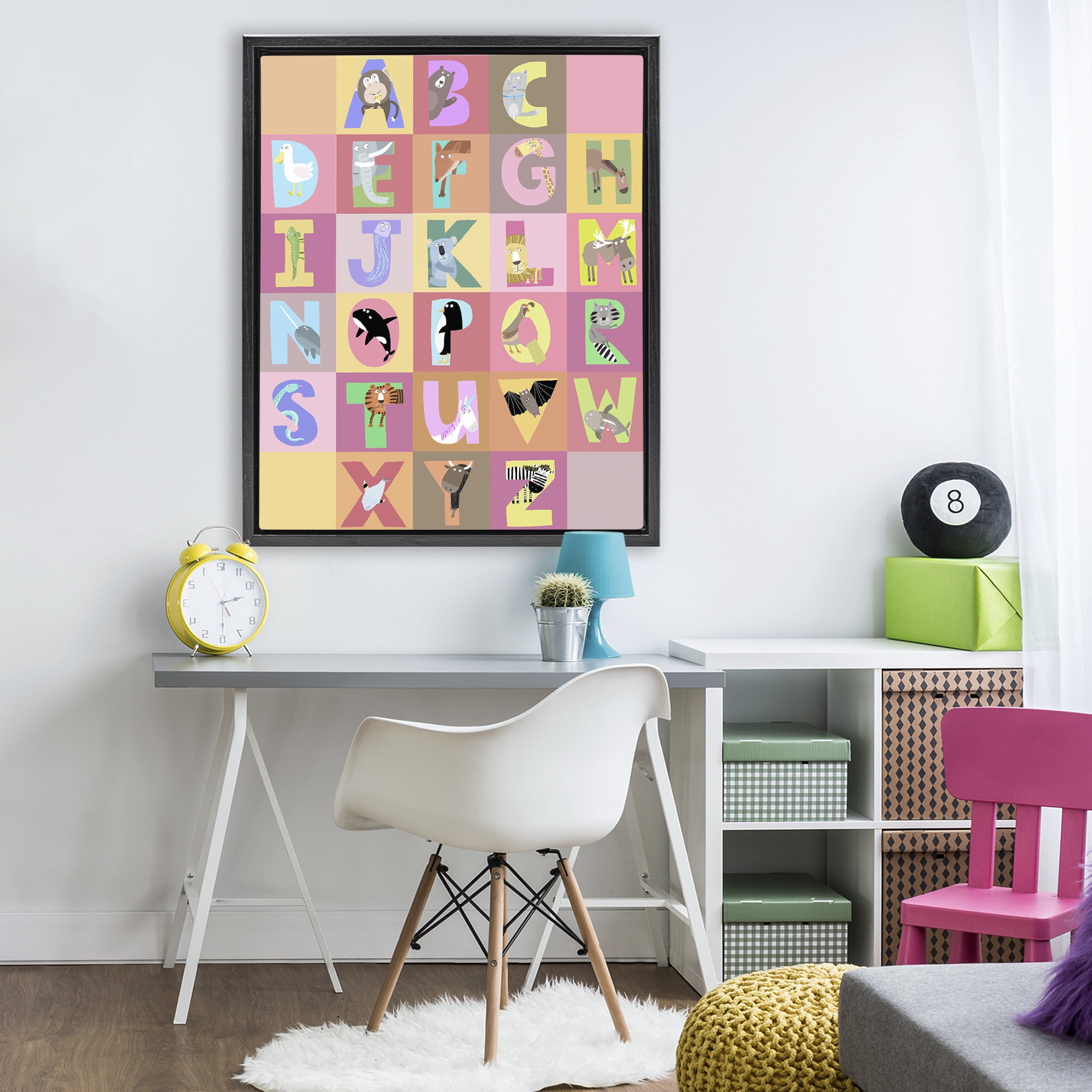 Stupell Industries Animal Alphabet in Pink Black Framed Floater Canvas Wall Art, design by Carla Daly
