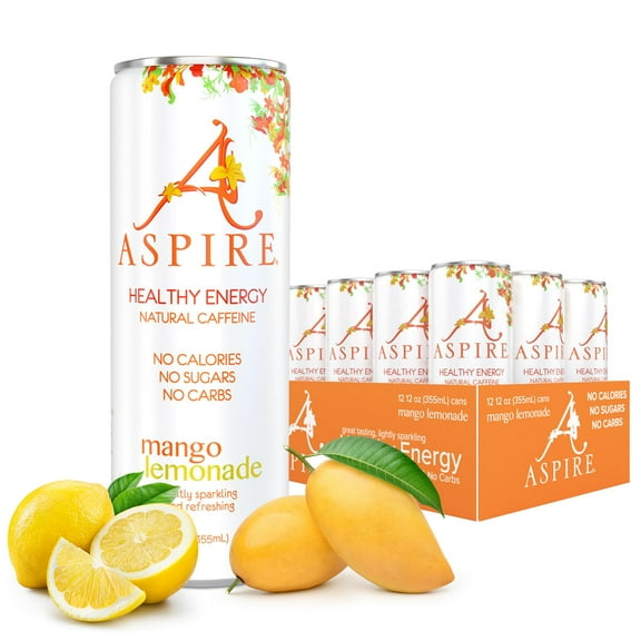 Aspire Healthy Energy Drink with Natural Caffeine - No Calories, Sugar and Carbs | Vitamins B, C, & Biotin | No Preservatives, Gluten Free | Suitable for Vegan, Kosher, Keto-Friendly |12 oz can, Mango