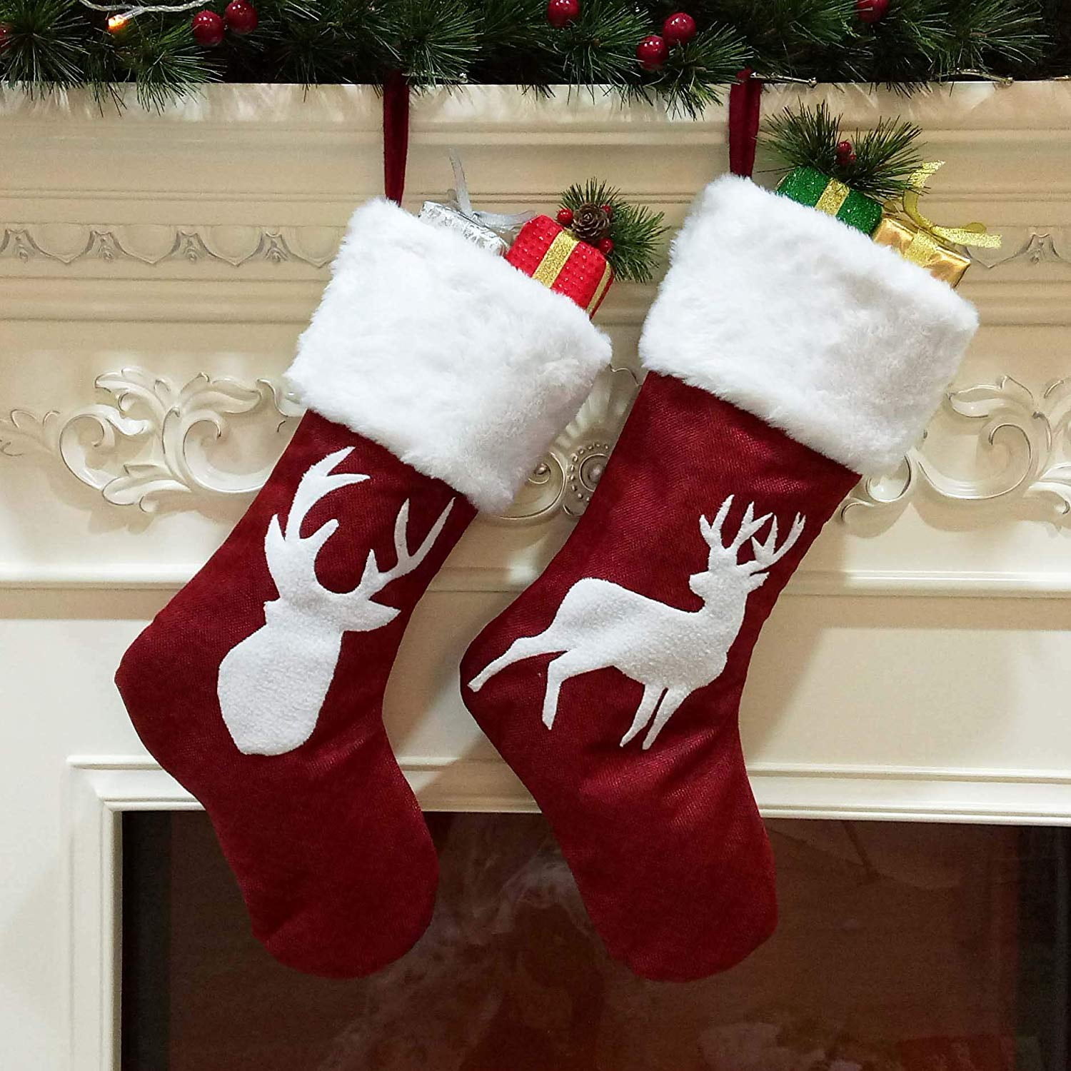 Knitted Reindeer Pattern Xmas Stockings Traditional Hanging Socks Ornament for Family Holiday 