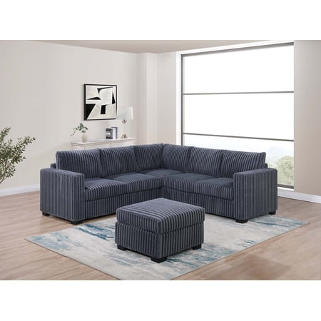 Beautiful 4-Piece Sectional Set W/ Ottoman Dark Gray One Arm Loveseat Corner Wedge Corduroy Upholstered Plush Couch