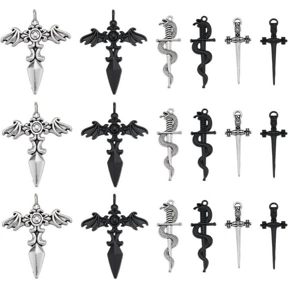 1 Box 48Pcs 8 Styles Sword Charms Silver Knife Charm Vintage Alloy Black Gothic Style Angel Wing Snake Sword Charms for Jewelry Making Charms Necklace Earrings Bookmarks DIY Craft