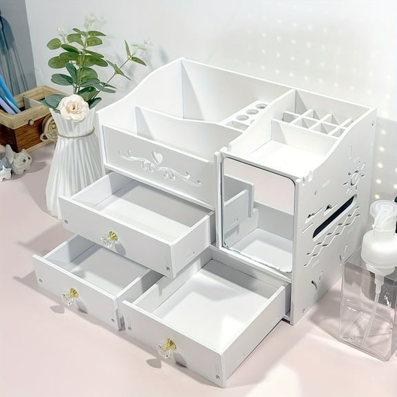 Large Makeup Organizer with Mirror - Dustproof Adjustable Drawers for Cosmetics & Jewelry, White Floral Freestanding Design