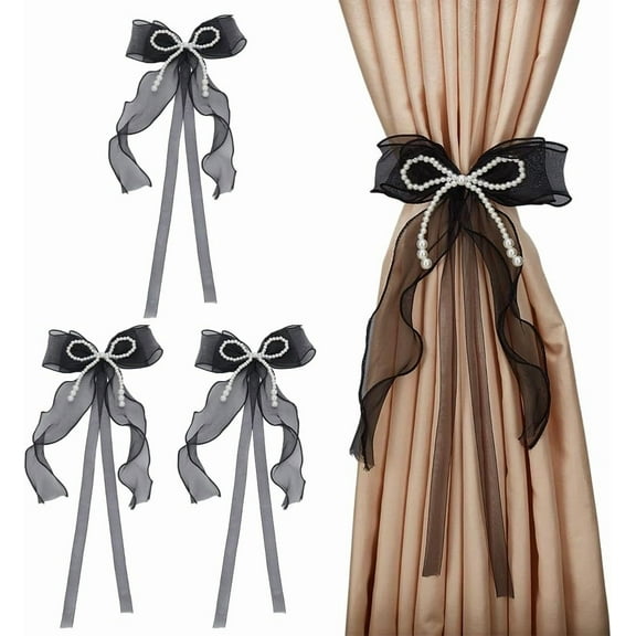 Polyester Lace Curtain Tiebacks with Plastic Pearl Bowknot Black 460x177x21mm