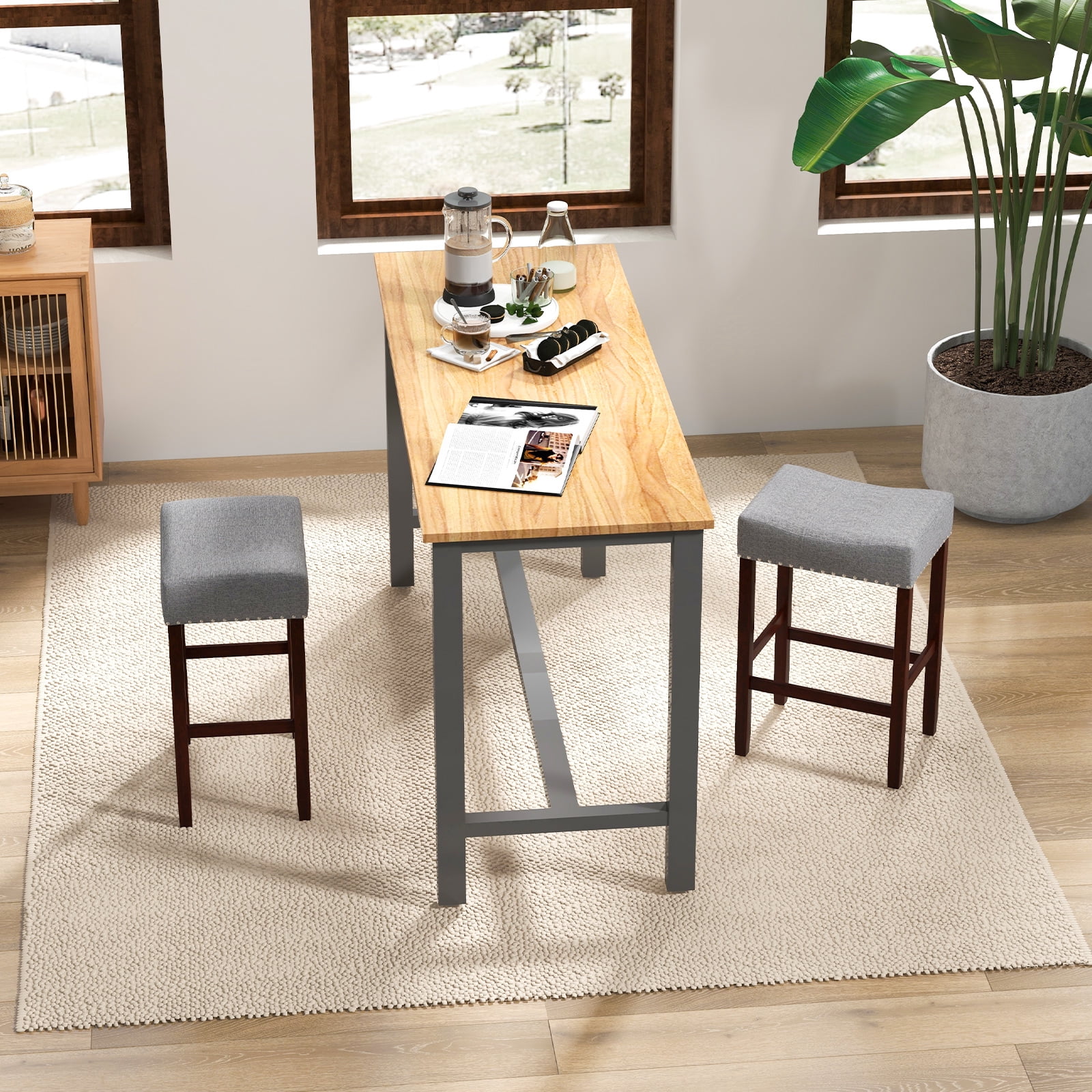 Costway Set of 2 Counter Height Bar Stools Saddle Kitchen Chairs with Wooden Legs Gray