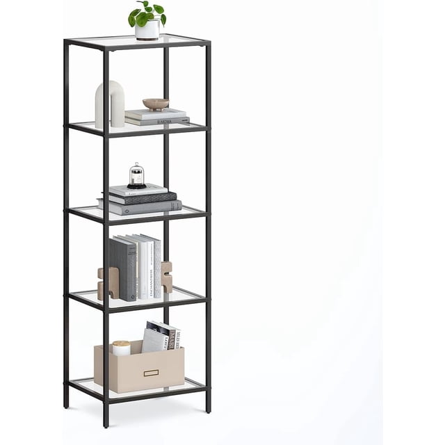 VASAGLE Estantería de Cristal de 5 Niveles, Librería, Expositor, Cristal Templado, Baño, Salón, Dormitorio, Oficina, Negro