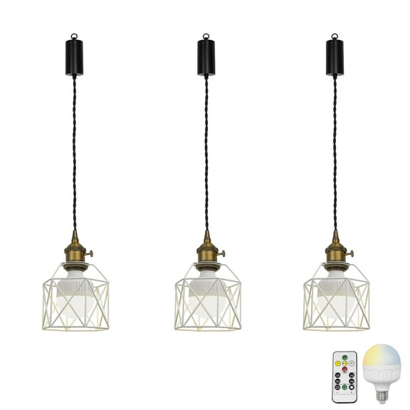 KAYYELAMP 3 Pcs Remote LED Bulb Rechargeable Battery Adjusted Height Hanging Light Dimming Timing Brass Finish Base White Metal Cage Lamp Vintage Design for Stairs Farmhouse