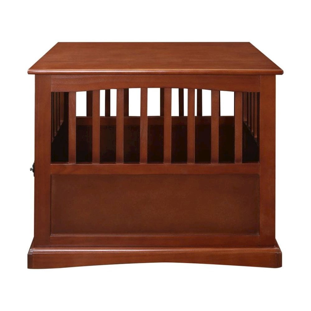 FurniFact Walnut Dog Kennel Furniture with Gate, Solid Wood Dog Crate End Table