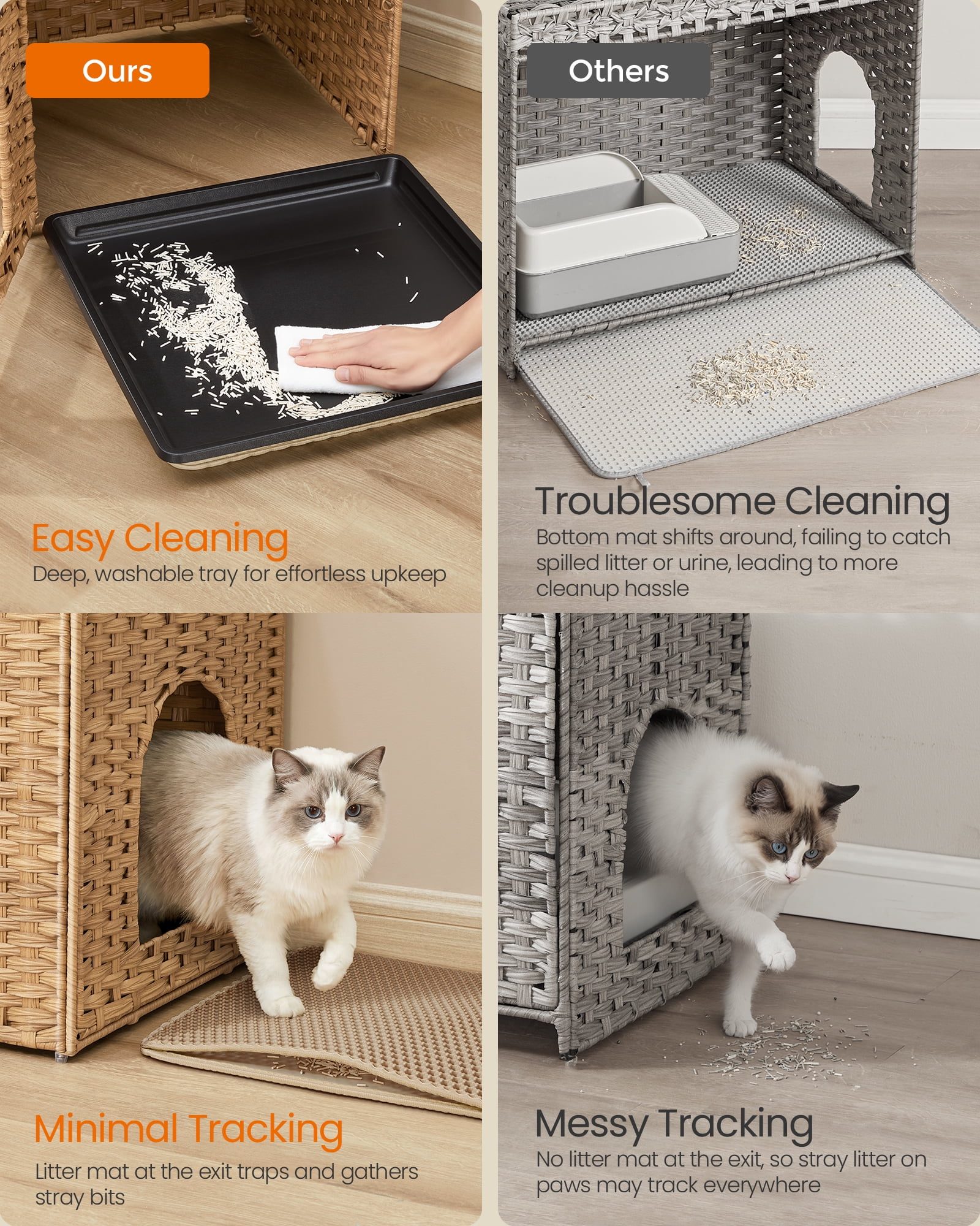 Feandrea Cat Litter Box Enclosure, Handwoven Rattan Hidden Litter Box Furniture with Extra Mat, Removable Washable Tray, Boho Cat House,Goose Yellow