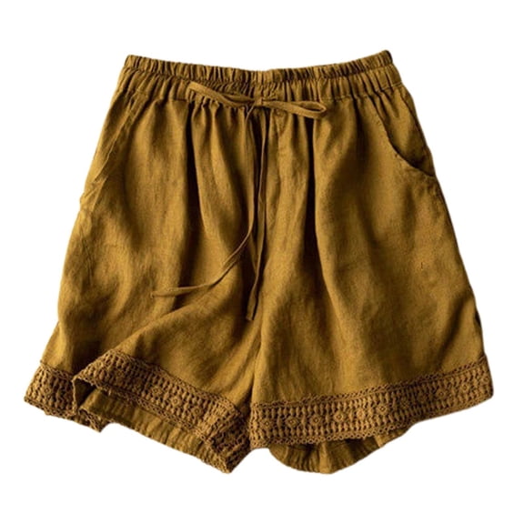 Shorts for Women Retro Hollow Lace Splicing Loose Mid Length Five Point Cotton Linen Casual Shorts