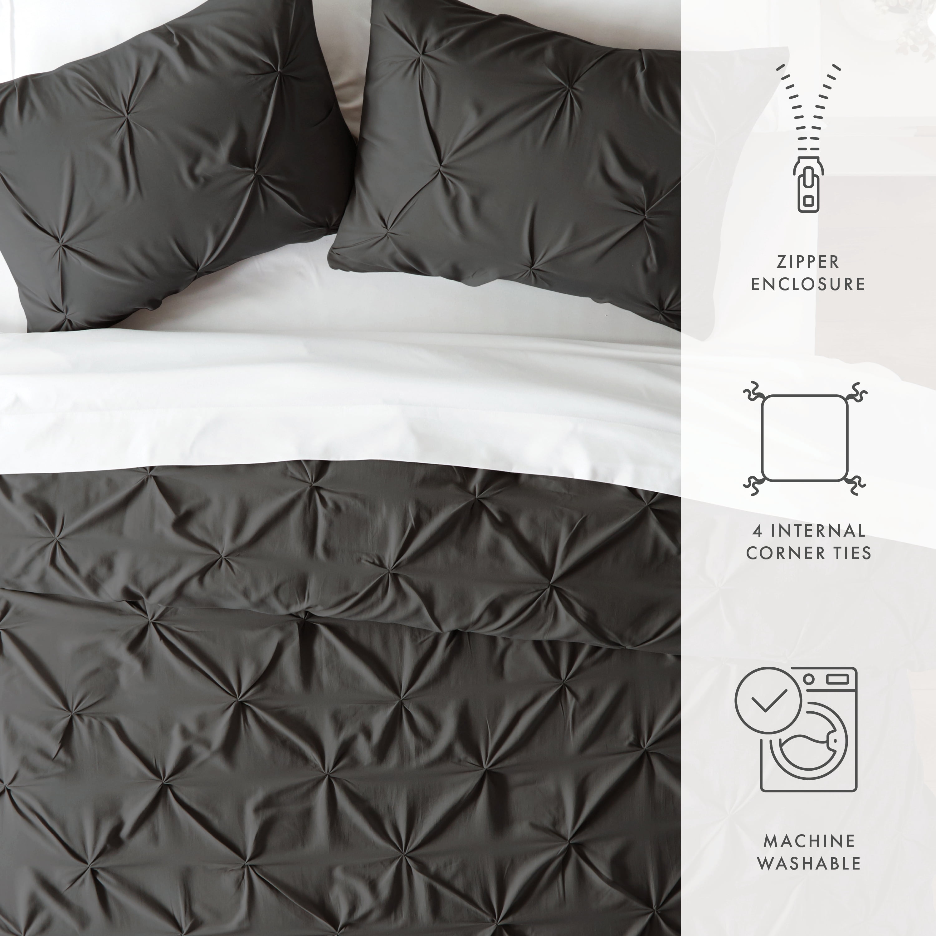 Noble Linens Gray Pinch Pleat 3-Piece Duvet Cover Set, Full/Queen