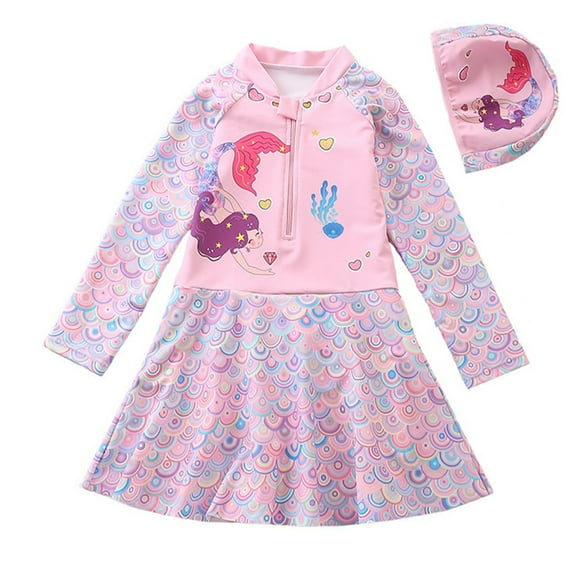 GYRATEDREAM 3-10T Girls Mermaid Long Sleeve Rashguard Swimsuit Swimdress Bathing Suit UPF 50+