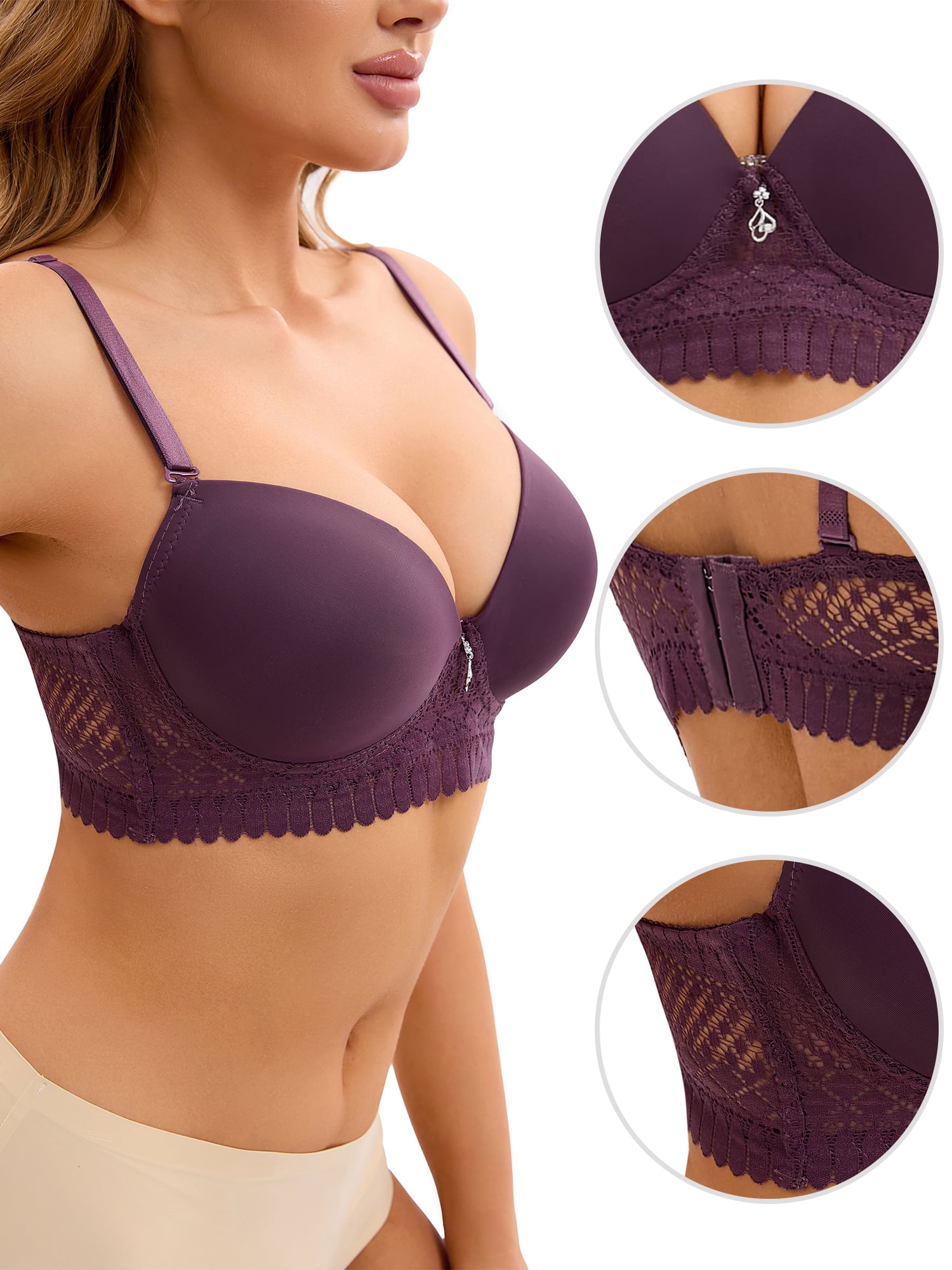 Unique Bargains Women's Adjustable Straps Lightweight Lace Trim Push Up Bras D 40 Purple