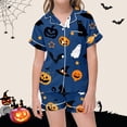 thumbnail image 2 of Yuncity Girls Pajamas Halloween Print Jammies Soft Satin Sleepwear Long Sleeve Comfortable Nightwear Outfit Party Loungewear Size 12-13 Years Blue, 2 of 4