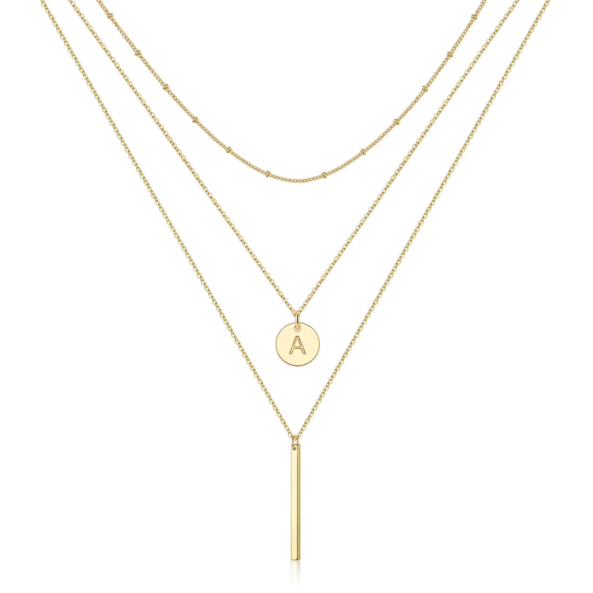Turandoss 14K Gold Plated Coin Initial Layered Bar Pendant Y-Necklaces for Women Jewelry Personalized Birthday Teacher Appreciation Mothers Day Graduation Gifts for Her Mom Kids Teen Girls Wife Ideas