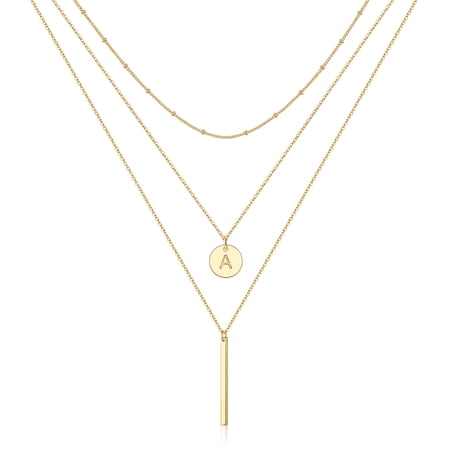 Turandoss 14K Gold Plated Coin Initial Layered Bar Pendant Y-Necklaces for Women Jewelry Personalized Birthday Teacher Appreciation Mothers Day Graduation Gifts for Her Mom Kids Teen Girls Wife Ideas