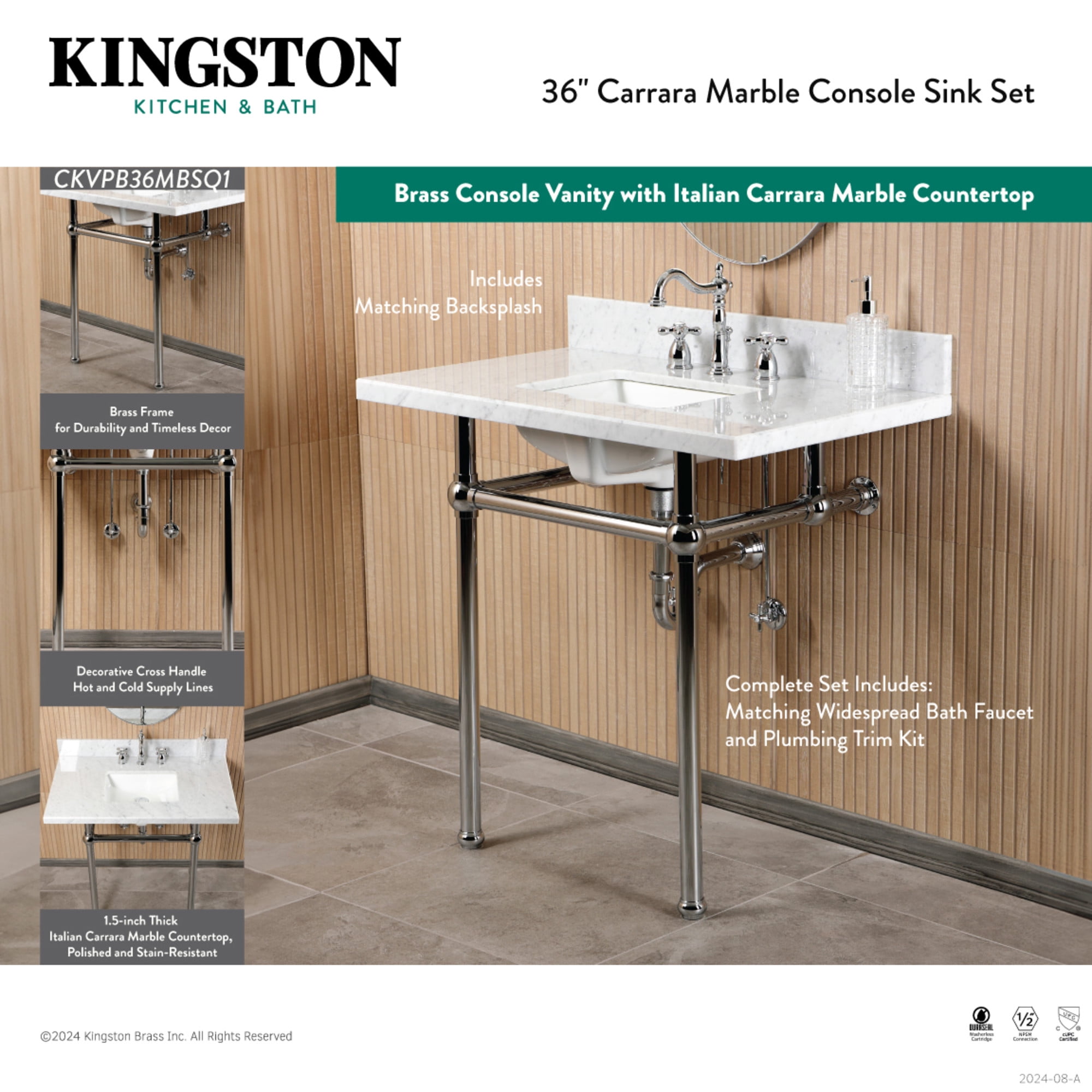 Kingston Brass CKVPB36MBSQ7 Templeton 36" Carrara Marble Console Sink Set with Widespread Bathroom Faucet and Plumbing Trim Kit (8-Inch, 3-Hole), Carrara Marble White/Brushed Brass