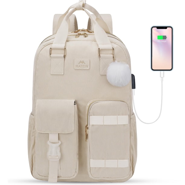 Mochila escolar MATEIN para niñas de 15,6 pulgadas con puerto USB, color beige