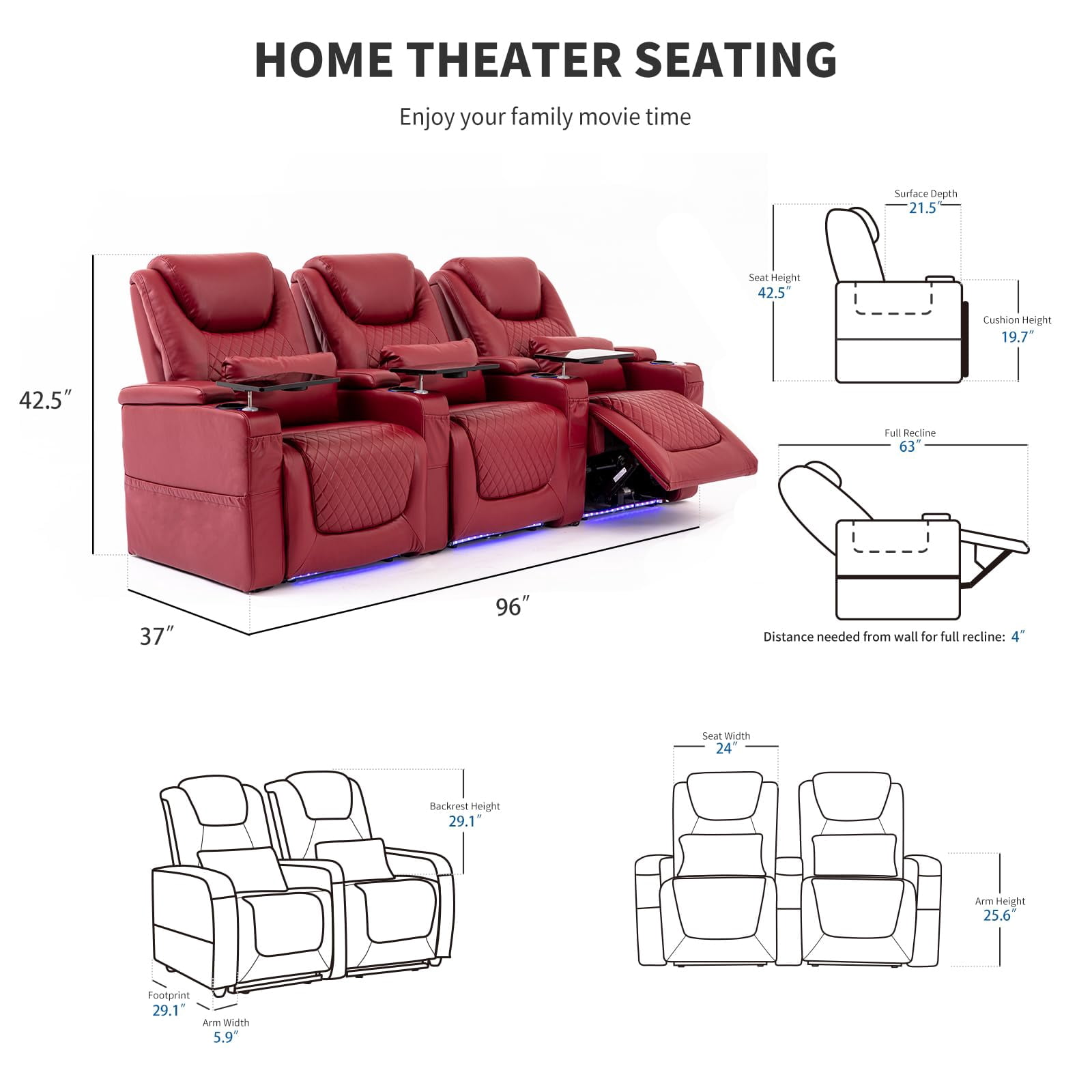 Home Theater Seating Seats, Theater Recliner Chair Sofa Game Movie Theater Chairs with 7 Colors Ambient Lighting, Lumbar Pillow, Side Pocket, Tray Table, Power Recline, Red