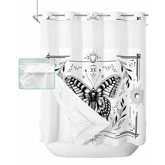 No Hook Shower Curtain with Snap in Liner, Black and White Frame Butterfly Sun Moon Hotel Shower Curtains for Bathroom, Washable Shower Curtain Liner Set with Mesh Top Window, 72"x72"