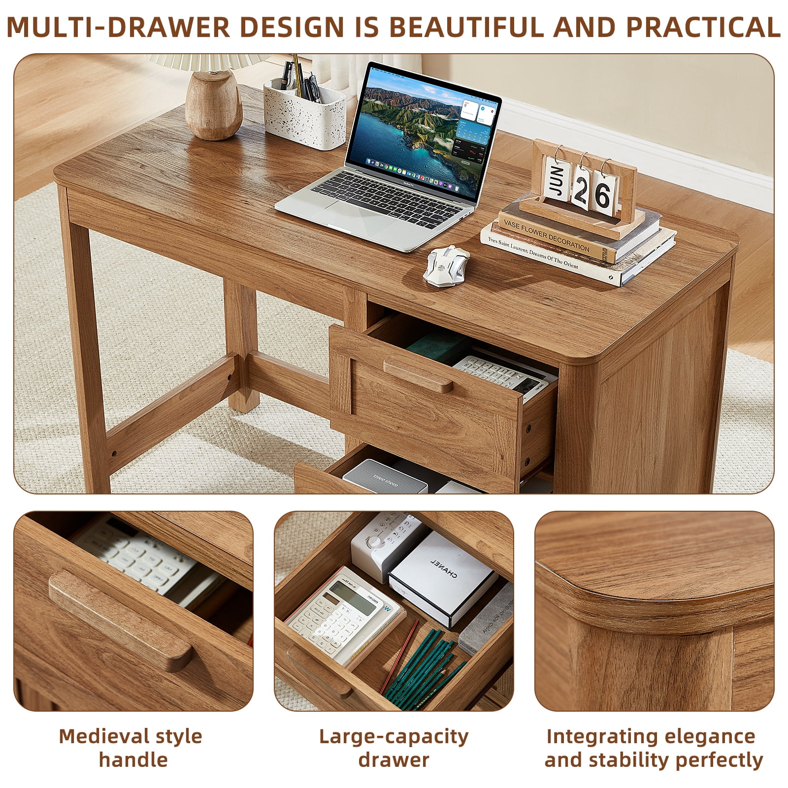 Leyaoyao 48" Computer Writing PC Desk Home Office with Storage Drawers, Modern Laptop Desk Workstation for Bedroom, Dark Wood
